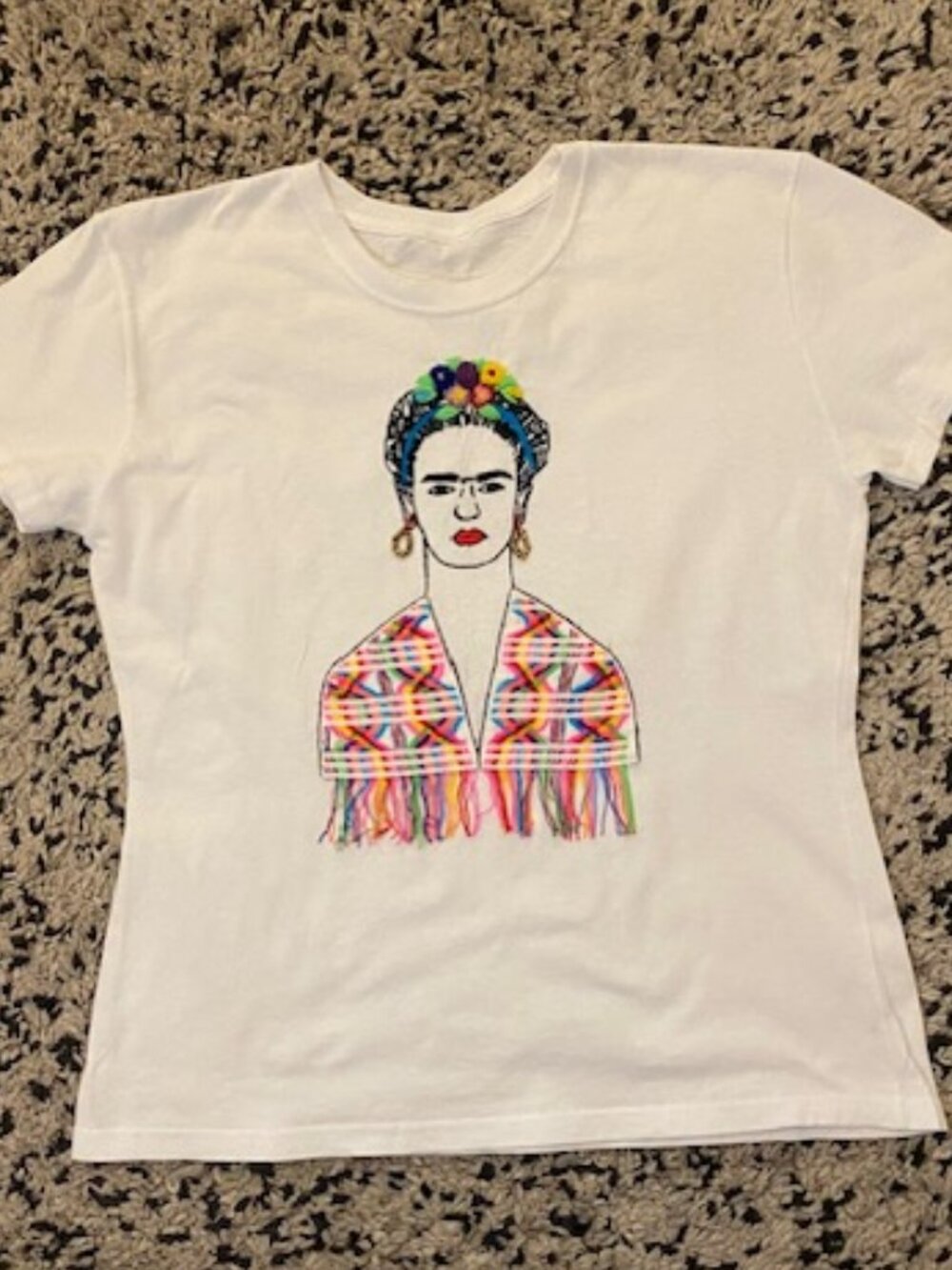 Frida Kahlo Embroidered T Shirt. White, Medium, Beaded.